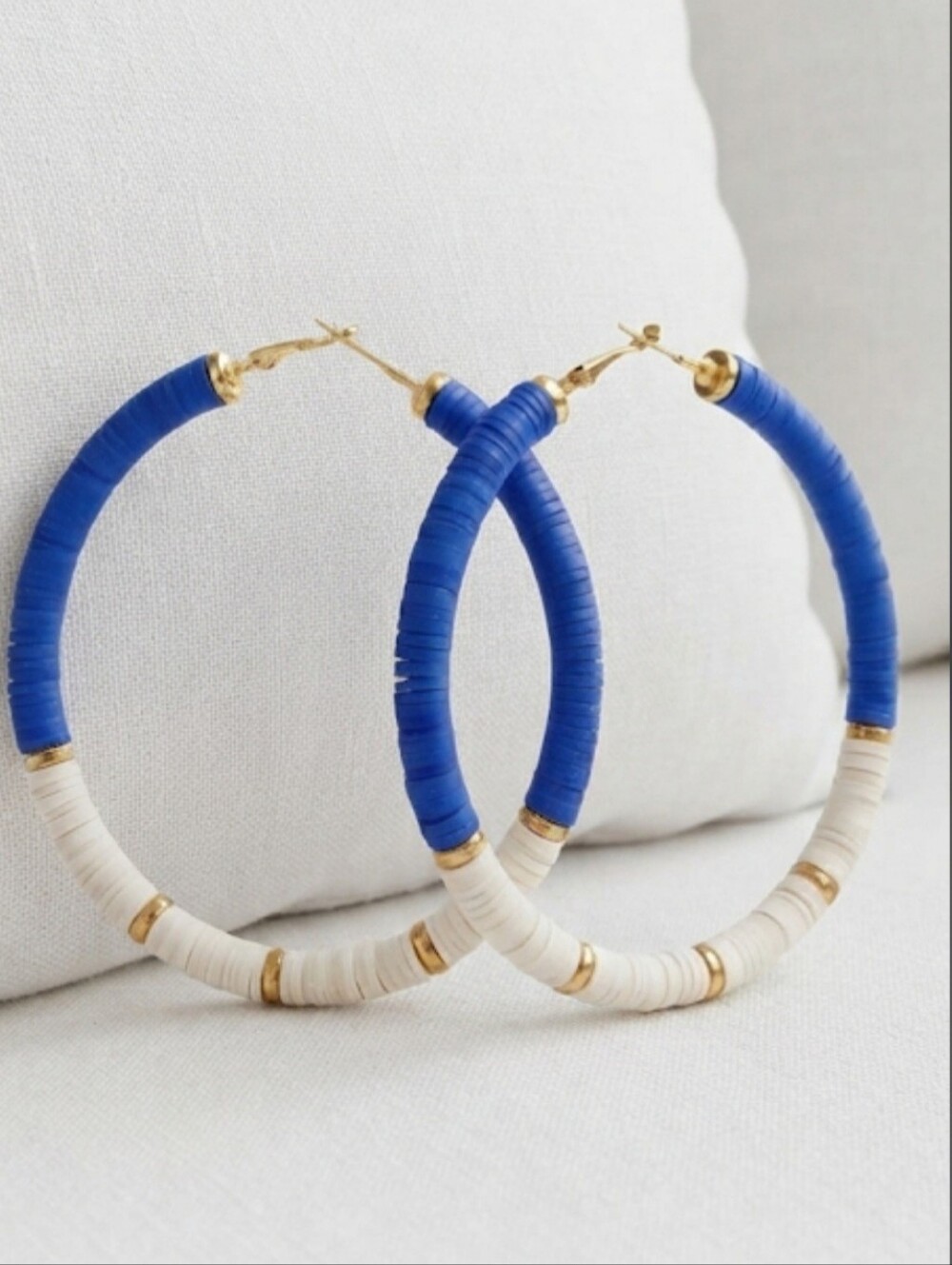 Bold Blue and Cream Hoop Earrings with Gold Accents - Picture 7 of 11